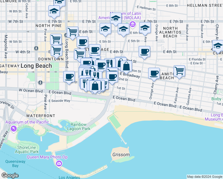 map of restaurants, bars, coffee shops, grocery stores, and more near 21 Alamitos Avenue in Long Beach
