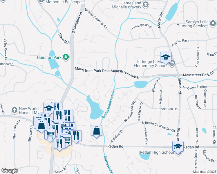 map of restaurants, bars, coffee shops, grocery stores, and more near 966 Lake Drive Terrace in Stone Mountain