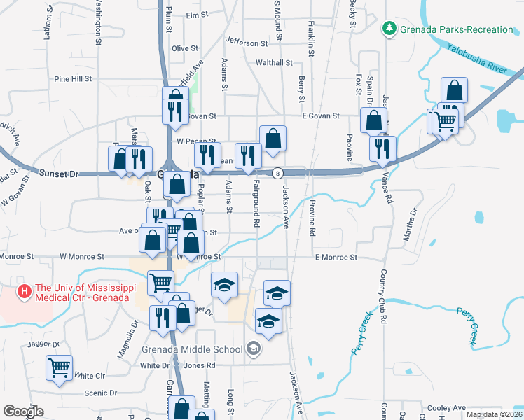 map of restaurants, bars, coffee shops, grocery stores, and more near 1662 Fairground Road in Grenada