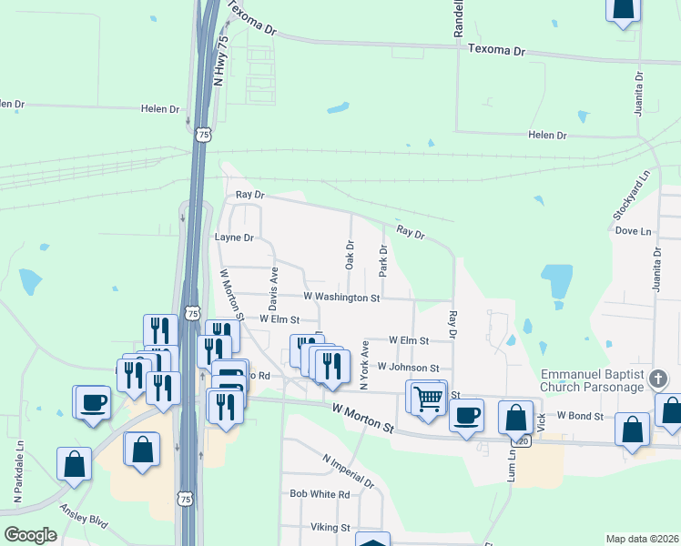 map of restaurants, bars, coffee shops, grocery stores, and more near 2715 West Washington Street in Denison