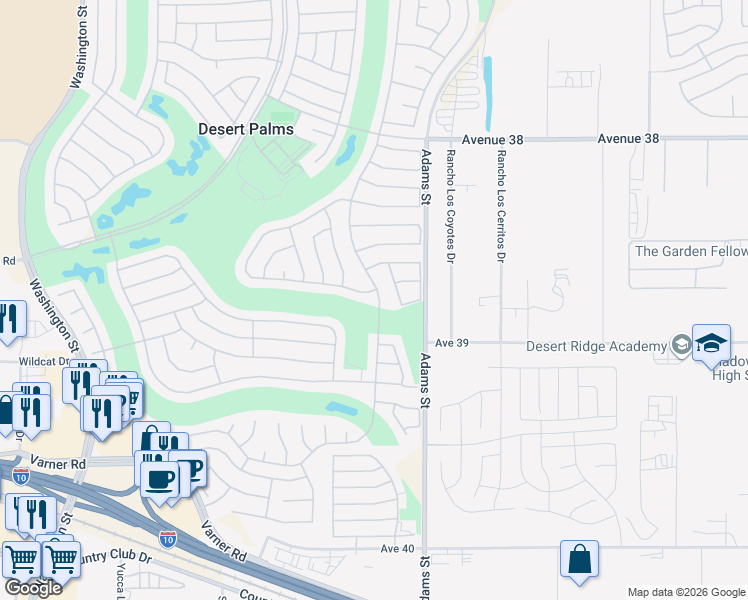 map of restaurants, bars, coffee shops, grocery stores, and more near 38801 Brandywine Avenue in Palm Desert