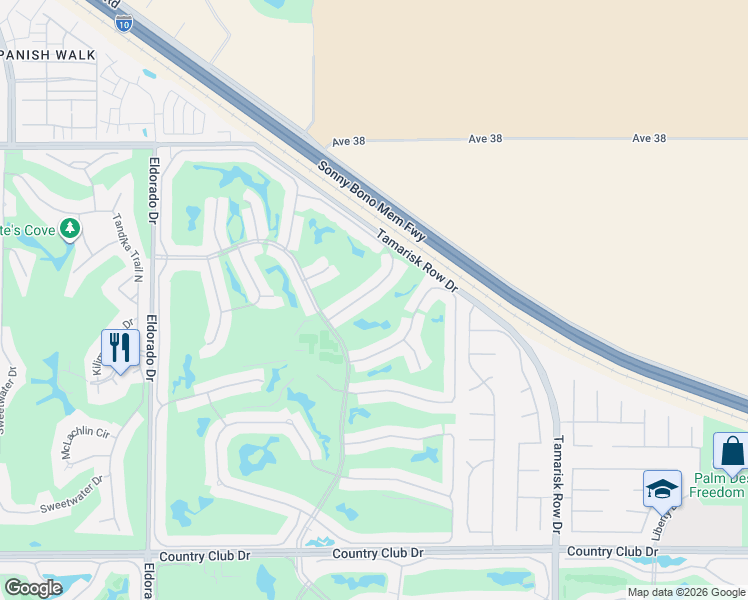 map of restaurants, bars, coffee shops, grocery stores, and more near 38694 Nasturtium Way in Palm Desert