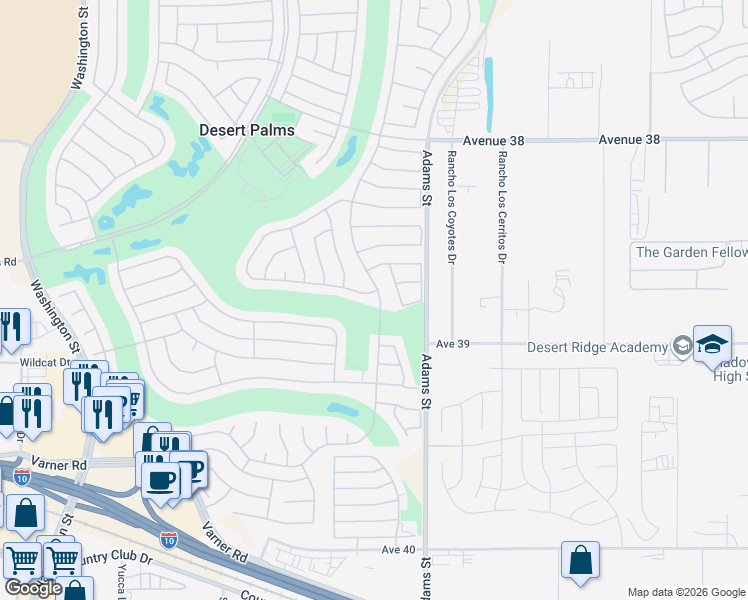 map of restaurants, bars, coffee shops, grocery stores, and more near 38801 Brandywine Avenue in Palm Desert