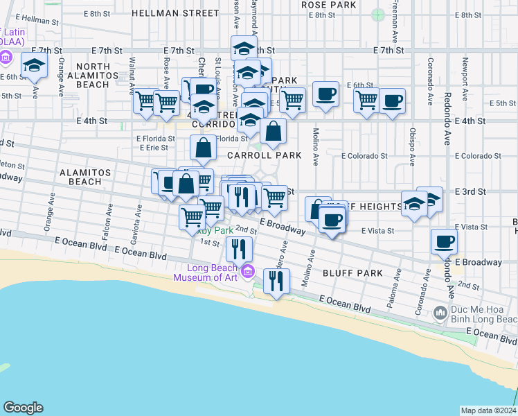 map of restaurants, bars, coffee shops, grocery stores, and more near 255 Kennebec Avenue in Long Beach