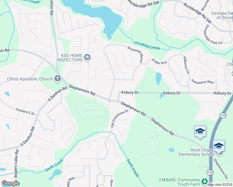 map of restaurants, bars, coffee shops, grocery stores, and more near 7232 Asbury Drive in Lithonia
