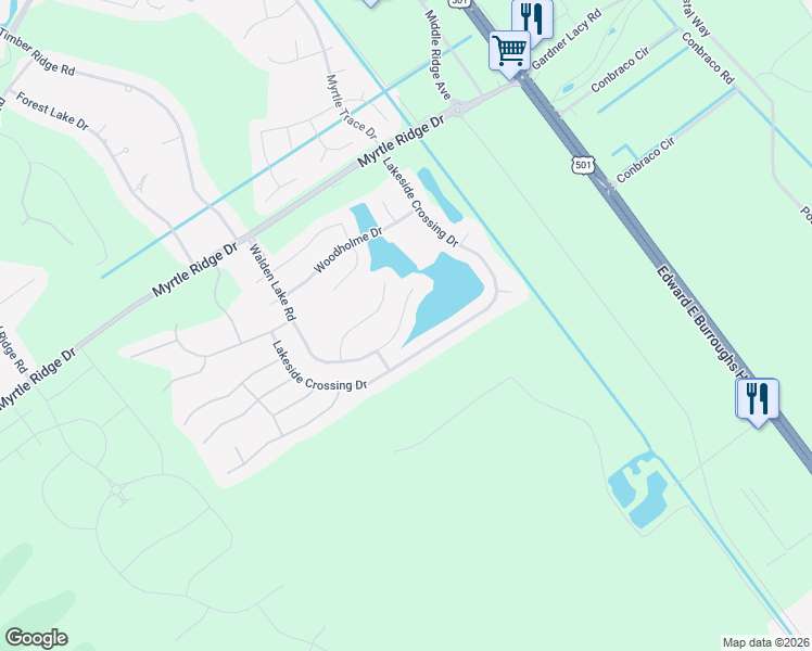 map of restaurants, bars, coffee shops, grocery stores, and more near 294 Lakeside Crossing Drive in Conway
