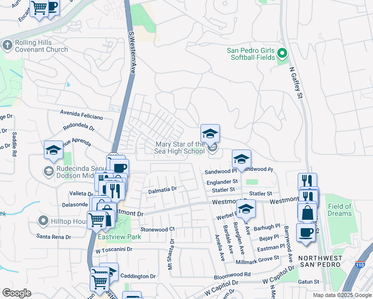 map of restaurants, bars, coffee shops, grocery stores, and more near 1425 Sunrise Lane in Los Angeles