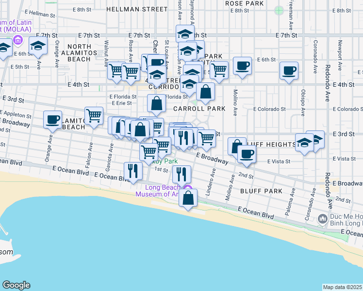 map of restaurants, bars, coffee shops, grocery stores, and more near 2204 East Lowena Drive in Long Beach