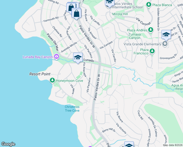 map of restaurants, bars, coffee shops, grocery stores, and more near 2808 Vía Pacheco in Palos Verdes Estates