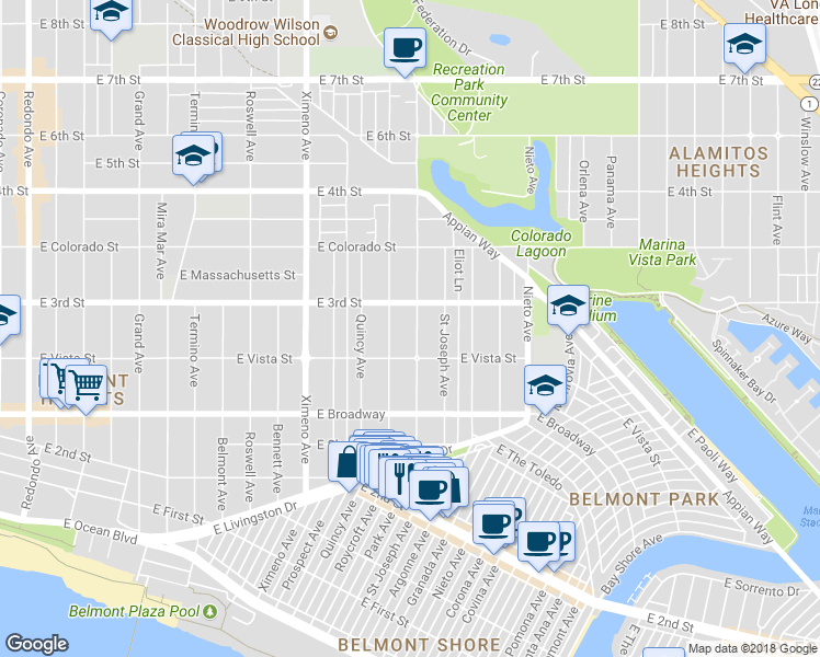 map of restaurants, bars, coffee shops, grocery stores, and more near 289 Park Avenue in Long Beach