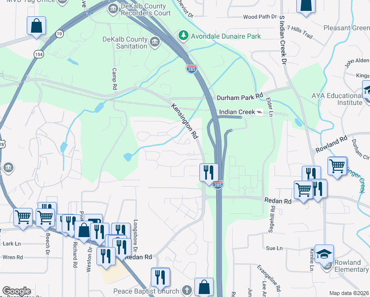 map of restaurants, bars, coffee shops, grocery stores, and more near 3814 Kensingwood Trce in Decatur