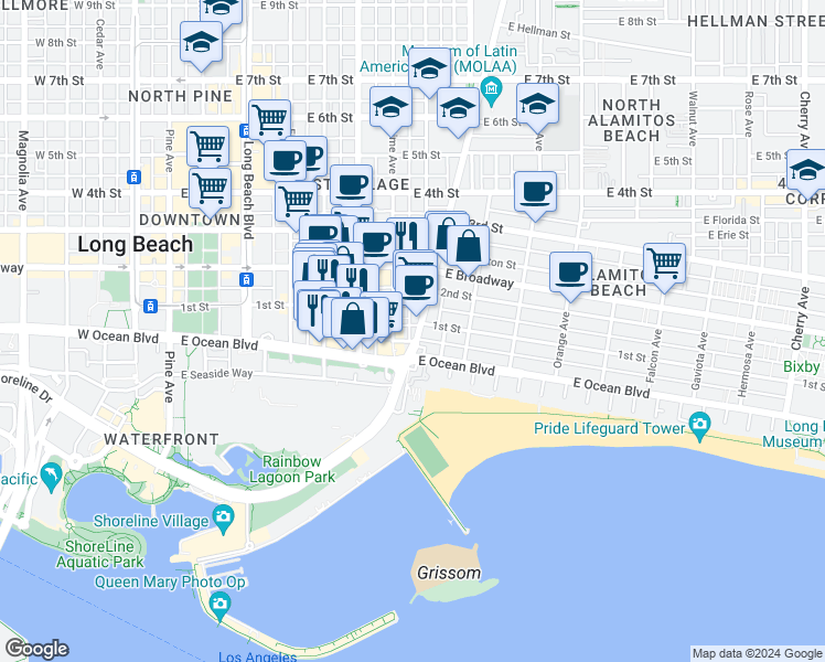 map of restaurants, bars, coffee shops, grocery stores, and more near 21 Alamitos Avenue in Long Beach