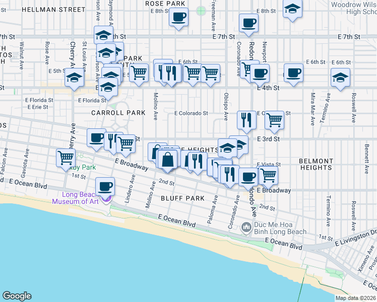 map of restaurants, bars, coffee shops, grocery stores, and more near 2901 East Mariquita Street in Long Beach