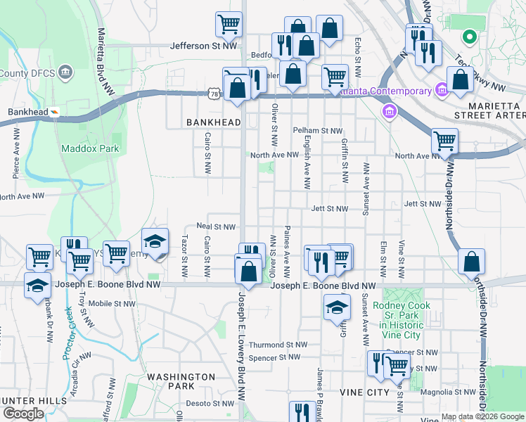 map of restaurants, bars, coffee shops, grocery stores, and more near 872 Jett Street Northwest in Atlanta