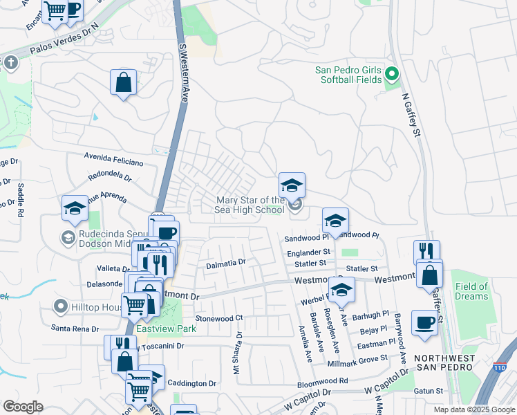 map of restaurants, bars, coffee shops, grocery stores, and more near 1425 Sunrise Lane in Los Angeles
