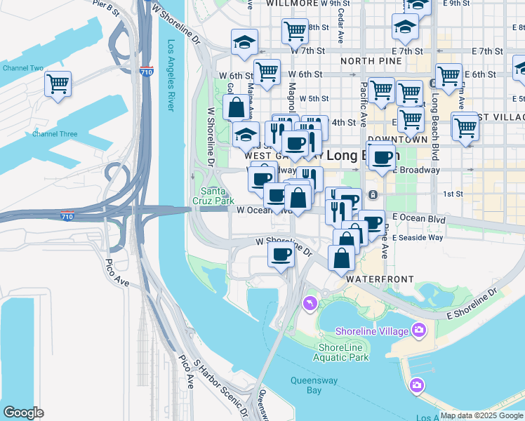 map of restaurants, bars, coffee shops, grocery stores, and more near 488 West Ocean Boulevard in Long Beach