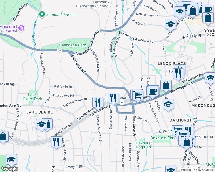 map of restaurants, bars, coffee shops, grocery stores, and more near 2200 East Lake Road Northeast in Atlanta