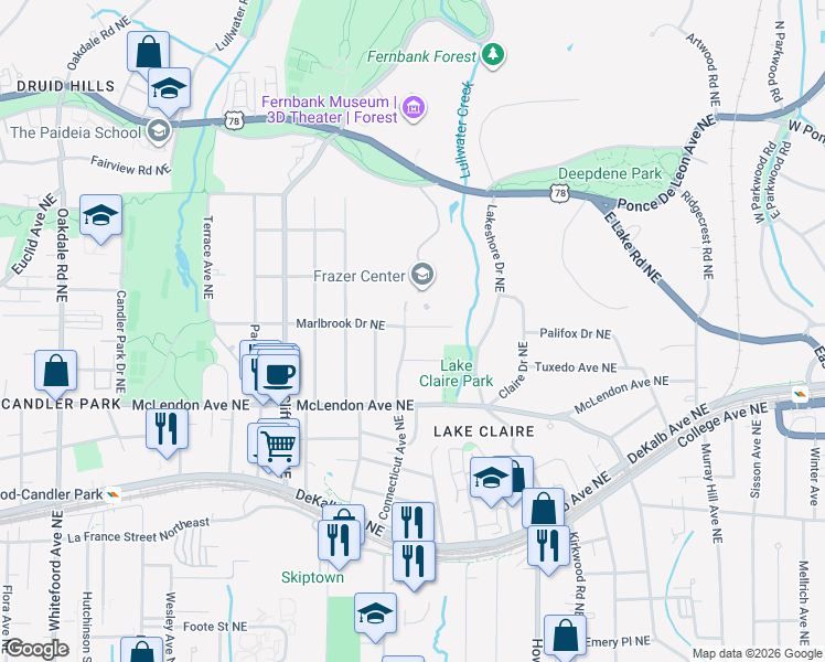 map of restaurants, bars, coffee shops, grocery stores, and more near 477 Ridgewood Road Northeast in Atlanta