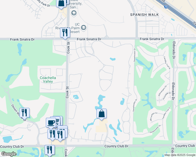 map of restaurants, bars, coffee shops, grocery stores, and more near 259 Vista Royale Cir W in Palm Desert