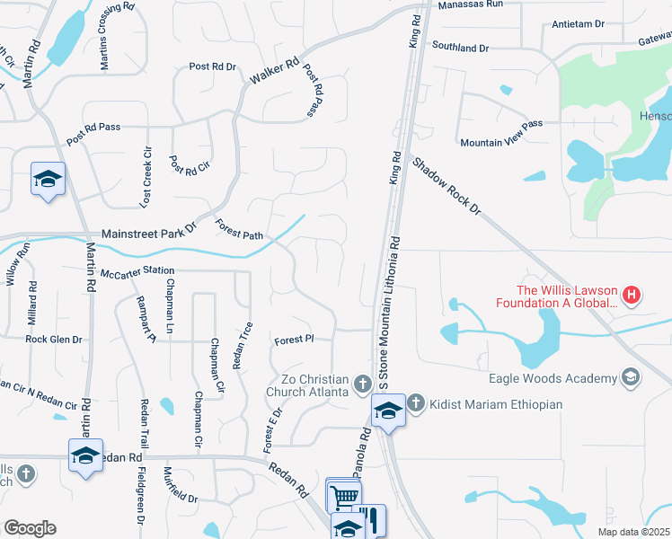 map of restaurants, bars, coffee shops, grocery stores, and more near 805 Fox Valley Drive in Stone Mountain