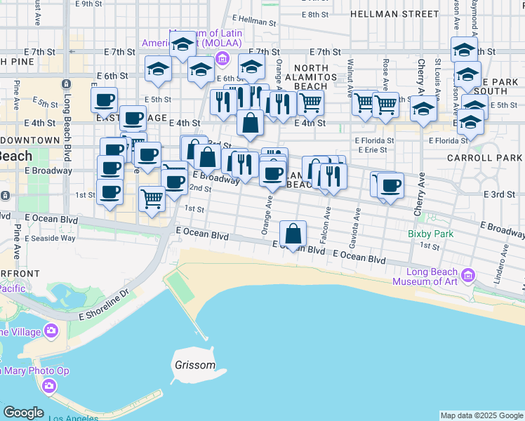 map of restaurants, bars, coffee shops, grocery stores, and more near 119 Orange Avenue in Long Beach