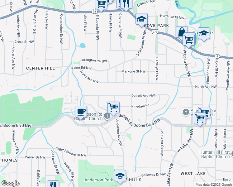 map of restaurants, bars, coffee shops, grocery stores, and more near 1950 North Avenue Northwest in Atlanta