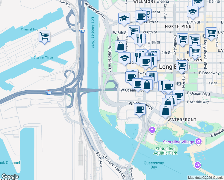 map of restaurants, bars, coffee shops, grocery stores, and more near West Ocean Boulevard in Long Beach