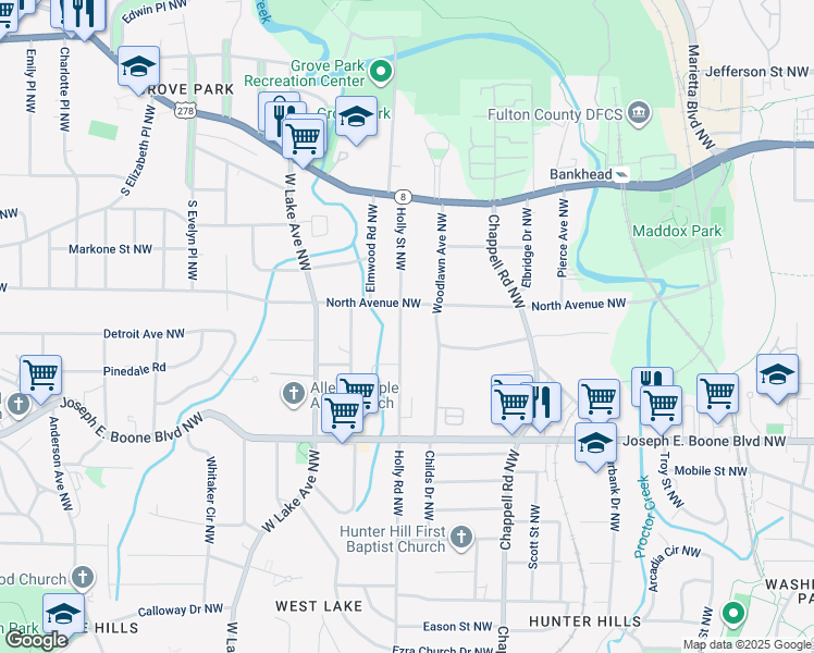 map of restaurants, bars, coffee shops, grocery stores, and more near 441 Holly Street Northwest in Atlanta