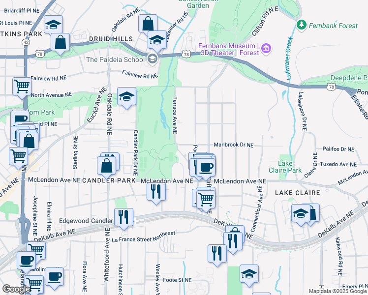 map of restaurants, bars, coffee shops, grocery stores, and more near 1601 Marlbrook Drive Northeast in Atlanta