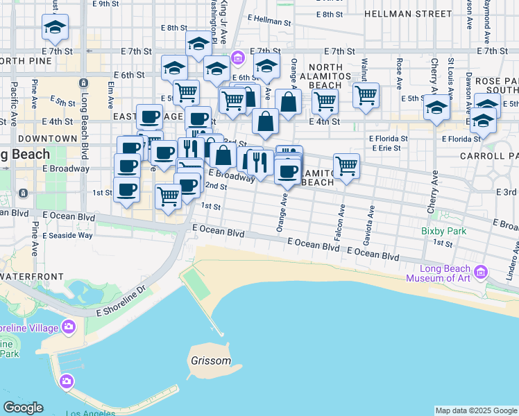 map of restaurants, bars, coffee shops, grocery stores, and more near 1066 2nd Street in Long Beach