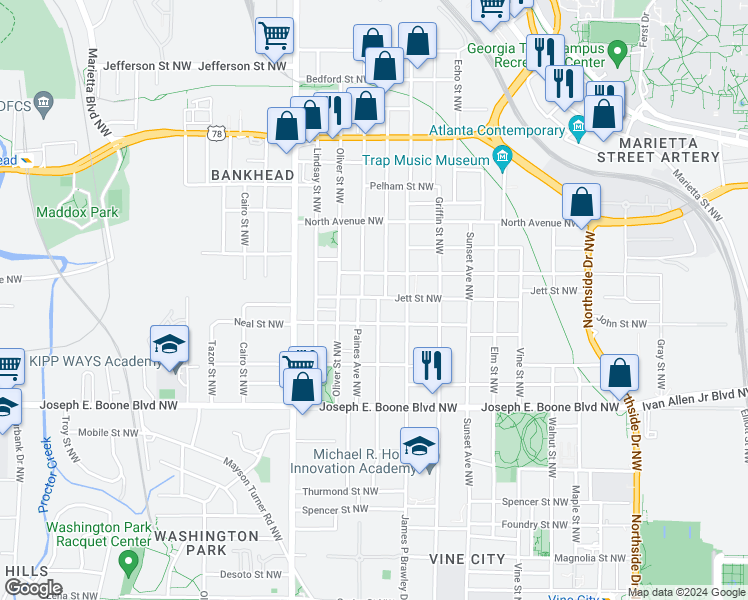 map of restaurants, bars, coffee shops, grocery stores, and more near 460 Andrew J Hairston PL NW in Atlanta