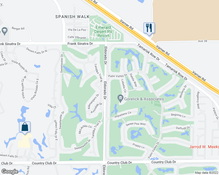 map of restaurants, bars, coffee shops, grocery stores, and more near 38722 Gladiolus Lane in Palm Desert
