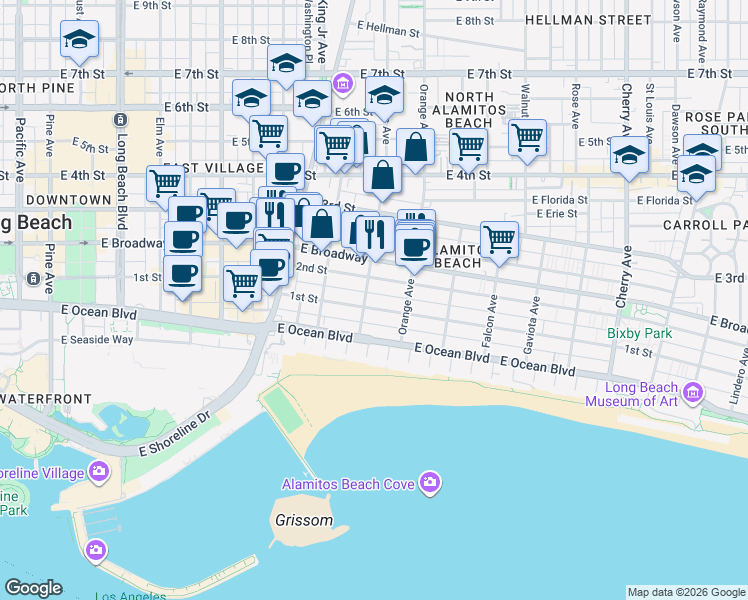 map of restaurants, bars, coffee shops, grocery stores, and more near in Long Beach
