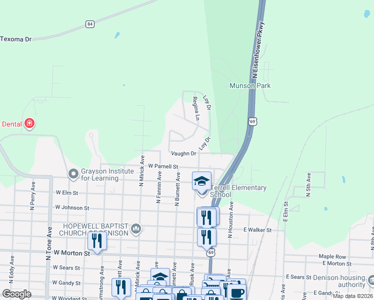 map of restaurants, bars, coffee shops, grocery stores, and more near 82 Vaughn Drive in Denison