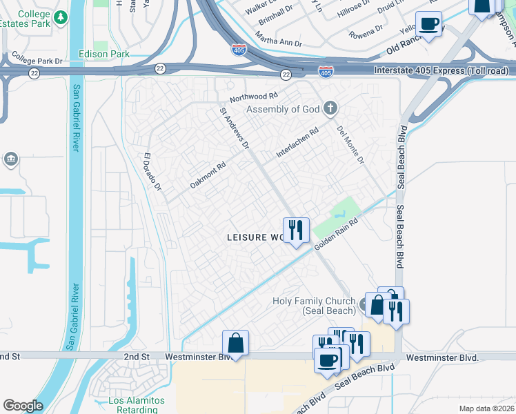 map of restaurants, bars, coffee shops, grocery stores, and more near 13490 Wentworth Lane in Seal Beach