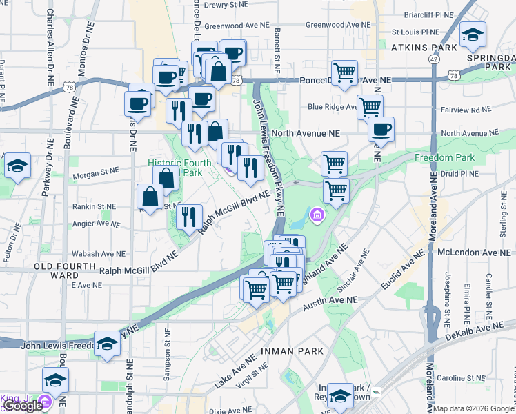 map of restaurants, bars, coffee shops, grocery stores, and more near in Atlanta