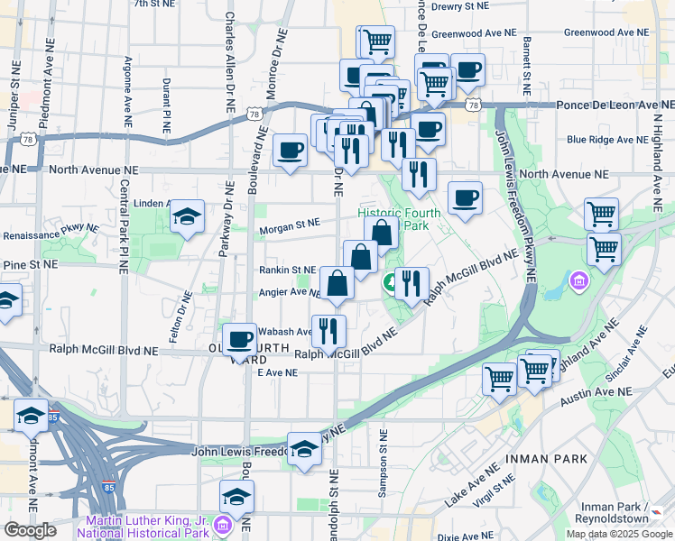 map of restaurants, bars, coffee shops, grocery stores, and more near Rankin Street Northeast in Atlanta