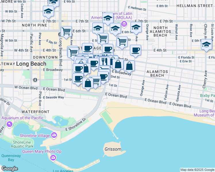 map of restaurants, bars, coffee shops, grocery stores, and more near 150 Alamitos Avenue in Long Beach