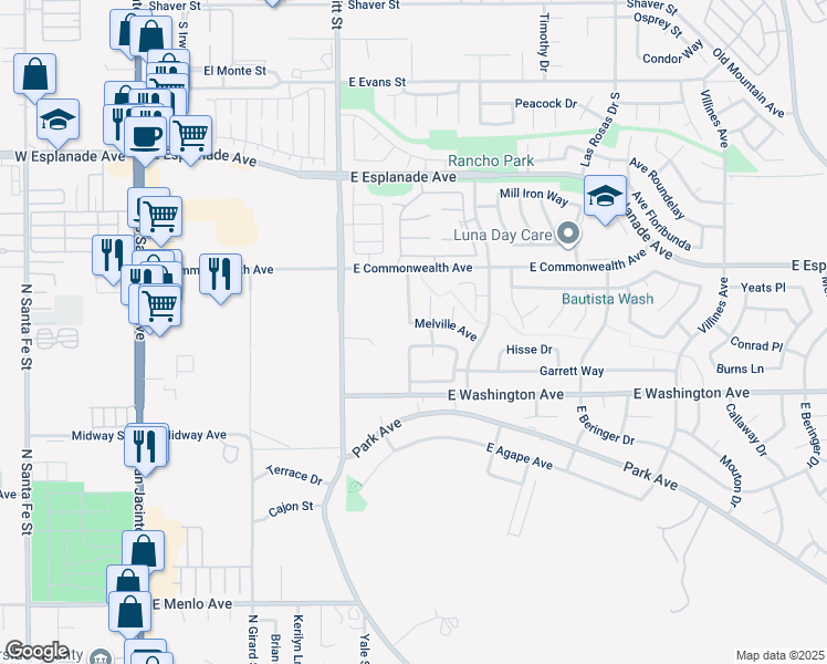 map of restaurants, bars, coffee shops, grocery stores, and more near 752 Melville Avenue in San Jacinto