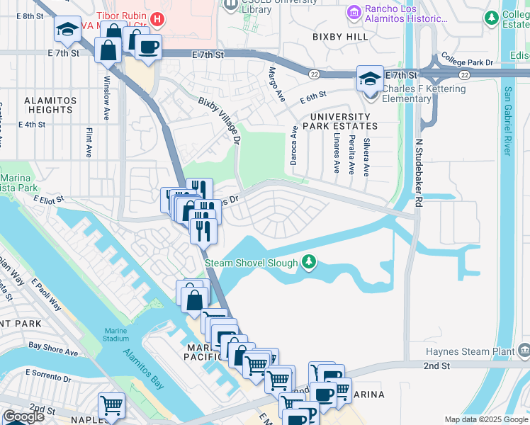 map of restaurants, bars, coffee shops, grocery stores, and more near 6236 East Emerald Cove Drive in Long Beach