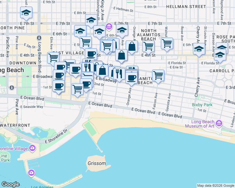 map of restaurants, bars, coffee shops, grocery stores, and more near 100 Cerritos Avenue in Long Beach