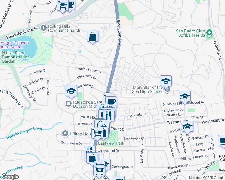 map of restaurants, bars, coffee shops, grocery stores, and more near 1693 Coral Sea Lane in Los Angeles