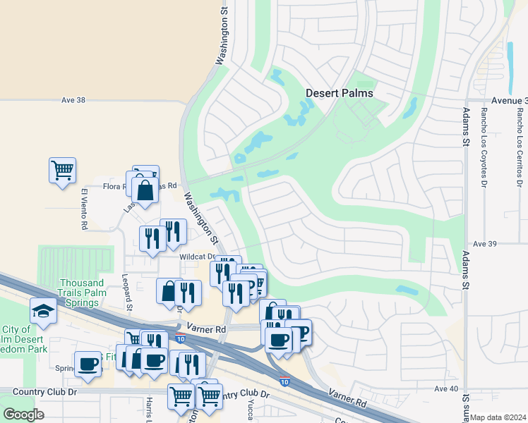 map of restaurants, bars, coffee shops, grocery stores, and more near 78212 Griffin Drive in Palm Desert
