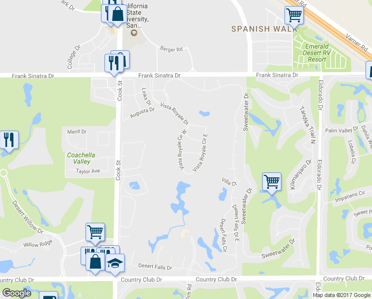 map of restaurants, bars, coffee shops, grocery stores, and more near 190 Firestone Drive in Palm Desert