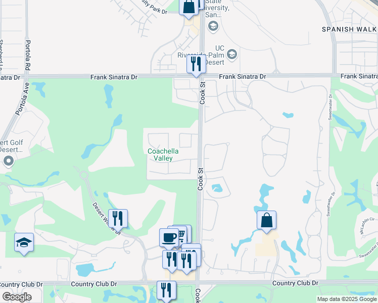 map of restaurants, bars, coffee shops, grocery stores, and more near 38661 Desert Mirage Drive in Palm Desert
