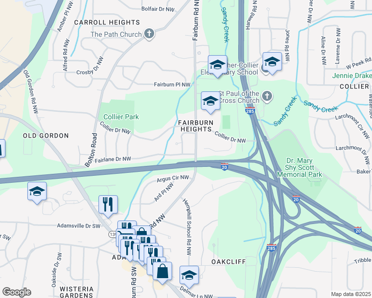 map of restaurants, bars, coffee shops, grocery stores, and more near 459 Fairlane Circle Northwest in Atlanta