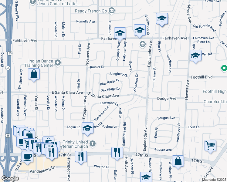 map of restaurants, bars, coffee shops, grocery stores, and more near 18131 Oak Ridge Drive in Santa Ana