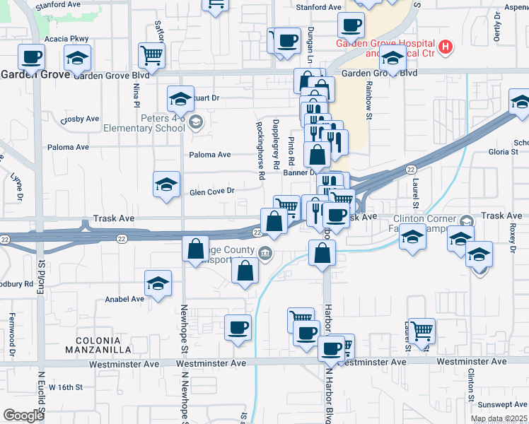 map of restaurants, bars, coffee shops, grocery stores, and more near 13422 Rockinghorse Road in Garden Grove