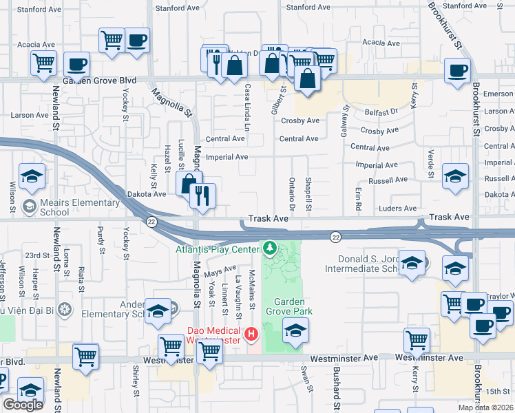 map of restaurants, bars, coffee shops, grocery stores, and more near 13401 Mickey Street in Garden Grove