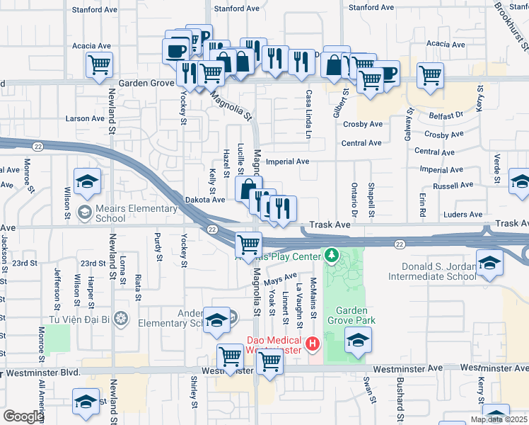 map of restaurants, bars, coffee shops, grocery stores, and more near 13392 Magnolia Street in Garden Grove